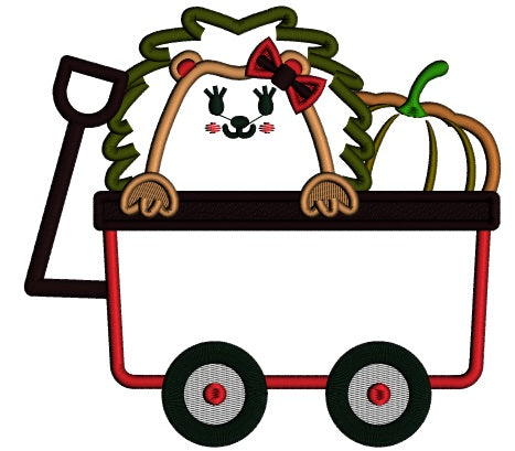 Girl Hedgehog Inside a Wagon Fall Applique Machine Embroidery Design Digitized Pattern