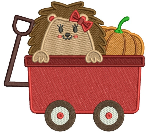 Girl Hedgehog Inside a Wagon Fall Filled Machine Embroidery Design Digitized Pattern