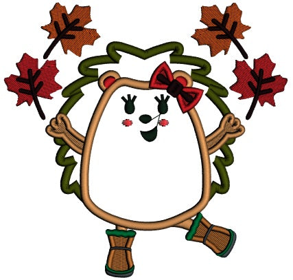Girl Hedgehog With Leaves Fall Applique Machine Embroidery Design Digitized Pattern