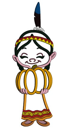 Girl Indian Holding Pumpkin Thanksgiving Applique Machine Embroidery Design Digitized Pattern