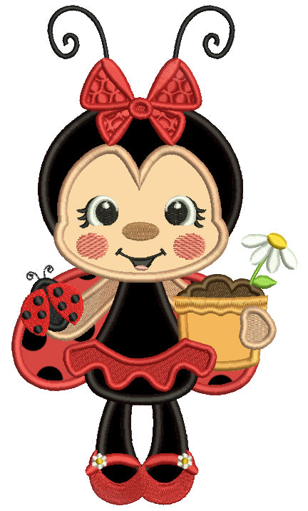 Girl Ladybug Holding Flower Pot Applique Machine Embroidery Design Digitized Pattern