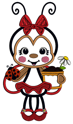 Girl Ladybug Holding Flower Pot Applique Machine Embroidery Design Digitized Pattern