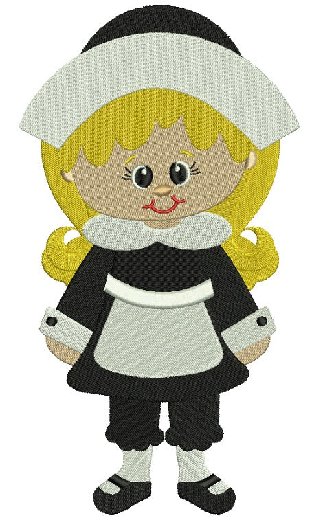 Girl Looks Like a Pilgrim Filled Machine Embroidery Design Digitized Pattern