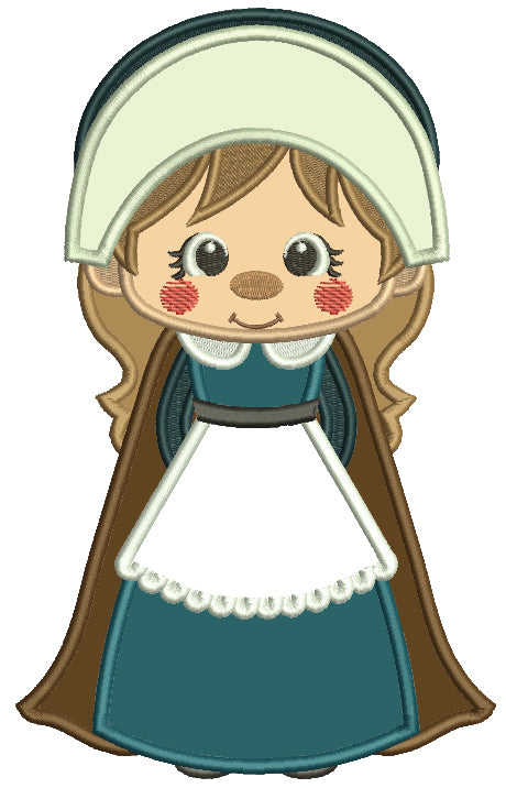 Girl Pilgrim Wearing a Blue Dress Thanksgiving Applique Machine Embroidery Design Digitized Pattern