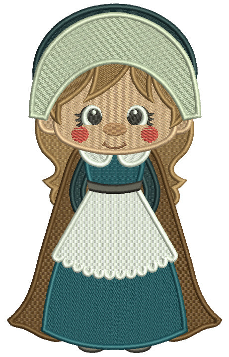 Girl Pilgrim Wearing a Blue Dress Thanksgiving Filled Machine Embroidery Design Digitized Pattern