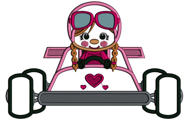 Girl Race Car Driver With Heart Applique Machine Embroidery Design Digitized Pattern