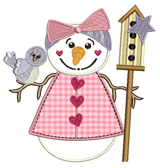 Girl Snowman Holding a Bird Christmas Applique Machine Embroidery Design Digitized Pattern