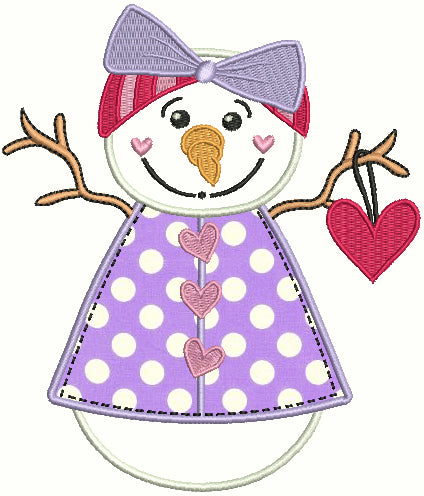 Girl Snowman Woman Holding a Heart Applique Machine Embroidery Design Digitized Pattern