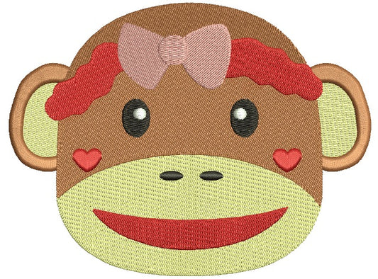 Girl Sock Monkey Head With Bow Filled Machine Embroidery Digitized Design Pattern