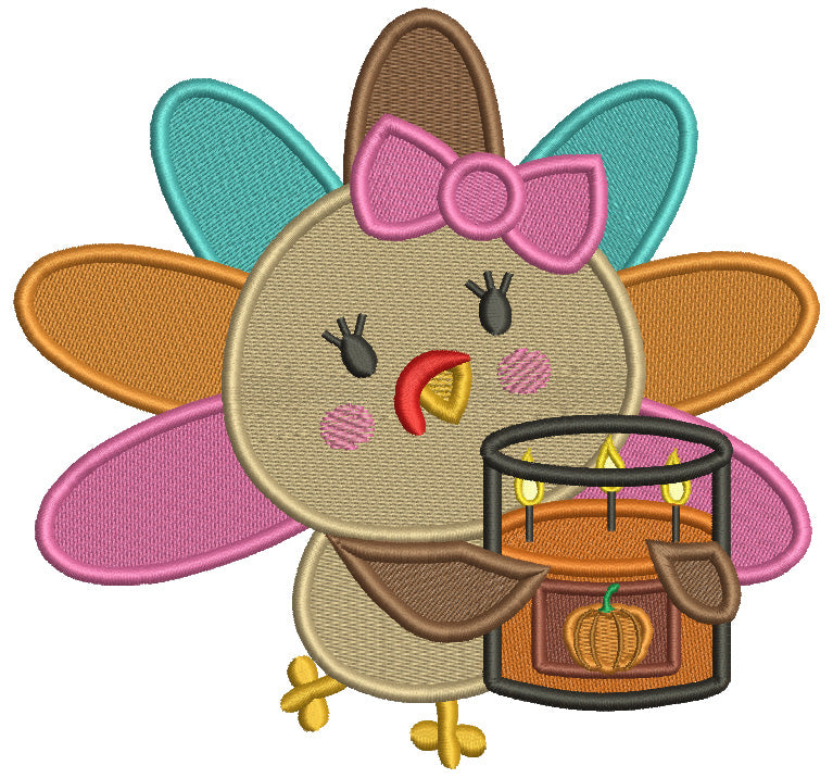 Girl Turkey Holding Pumpkin Pie With Candles Thanksgiving Filled Machine Embroidery Design Digitized Pattern