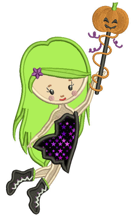 Girl WIzard WIth Pumpkin Wand Halloween Applique Machine Embroidery Design Digitized Pattern