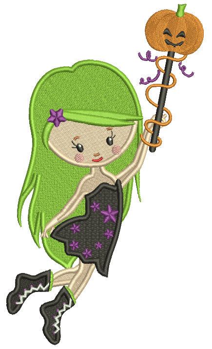 Girl WIzard WIth Pumpkin Wand Halloween Filled Machine Embroidery Design Digitized Pattern