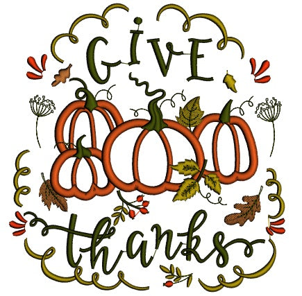 Give Thanks Pumpkins Applique Machine Embroidery Design Digitized Pattern