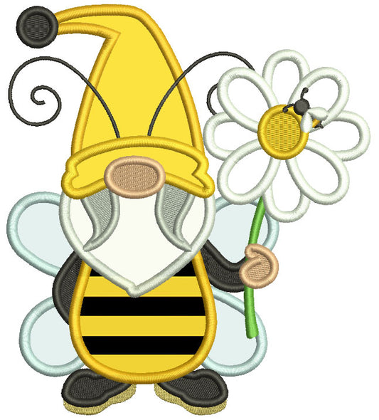 Gnome Bee Holding a Flower Applique Machine Embroidery Design Digitized Pattern