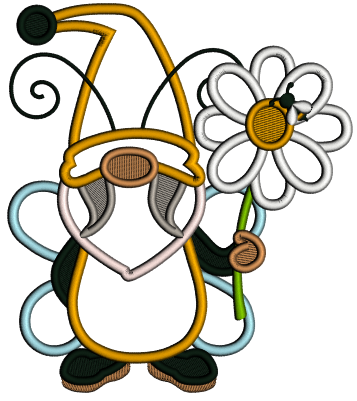 Gnome Bee Holding a Flower Applique Machine Embroidery Design Digitized Pattern