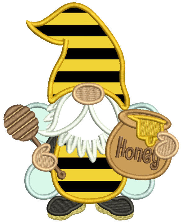 Gnome Bee With Honey Applique Machine Embroidery Design Digitized Pattern