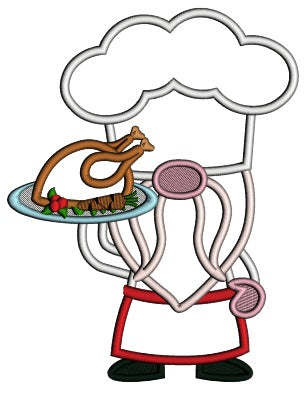 Gnome Cook With Chicken On The Plate Applique Machine Embroidery Design Digitized Pattern