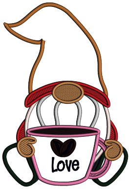 Gnome Drinking Cup Of Cofee Applique Machine Embroidery Design Digitized Pattern