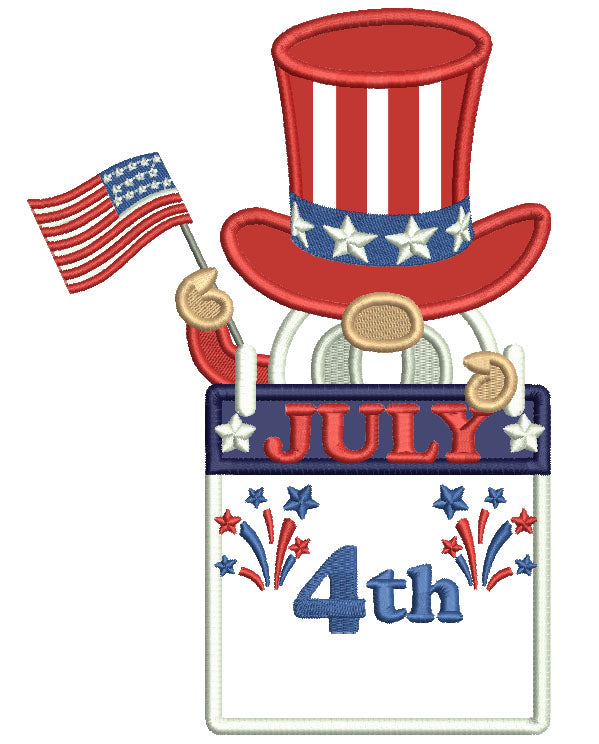 Gnome Holding American Flag 4th Of July Patriotic Applique Machine Embroidery Design Digitized Pattern