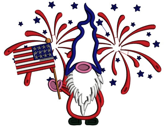 Gnome Holding American Flag Patriotic Applique Machine Embroidery Design Digitized Pattern