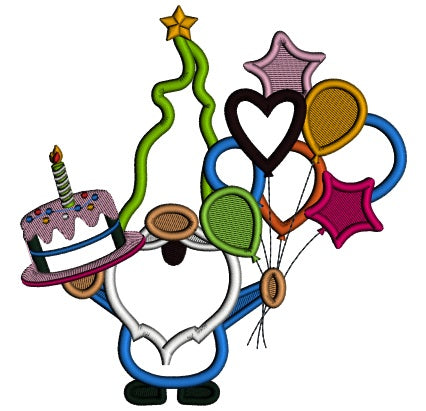 Gnome Holding Birthday Cake And Balloons Applique Machine Embroidery Design Digitized Pattern