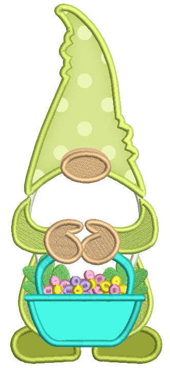 Gnome Holding Easter Basket With Flowers Applique Machine Embroidery Design Digitized Pattern