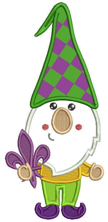 Gnome Holding Fleur-de-lis Mardi Gras Applique Machine Embroidery Design Digitized Pattern