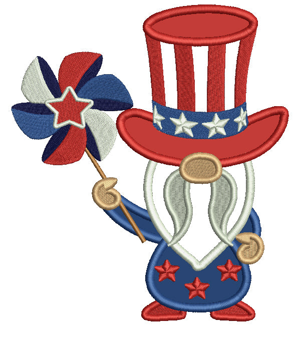 Gnome Holding Pinwheel 4th Of July Patriotic Applique Machine Embroidery Design Digitized Pattern