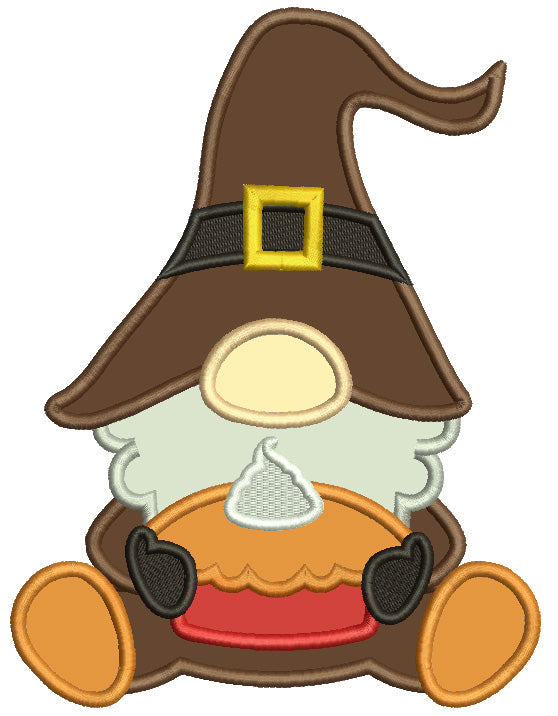 Gnome Holding Pumpkin Pie Thanksgiving Applique Machine Embroidery Design Digitized Pattern