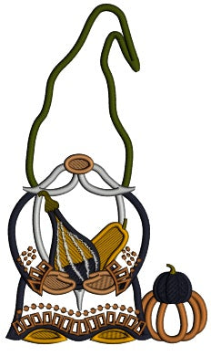 Gnome Holding Pumpkins And Wearing Big Hat Halloween Applique Machine Embroidery Design Digitized Pattern