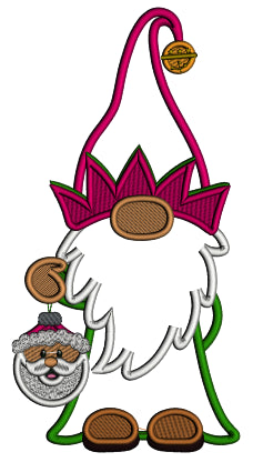 Gnome Holding Santa Ornament Christmas Applique Machine Embroidery Design Digitized Pattern