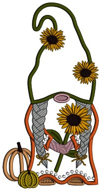 Gnome Holding Sunflower With Pumpkins Halloween Applique Machine Embroidery Design Digitized Pattern