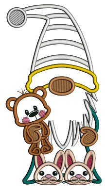 Gnome Holding Toy Bear Applique Machine Embroidery Design Digitized Pattern