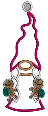 Gnome Holding Two Gingerbread Men Christmas Applique Machine Embroidery Design Digitized Pattern