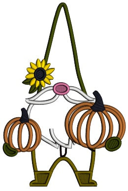 Gnome Holding Two Pumpkins Thanksgiving Applique Machine Embroidery Design Digitized Pattern