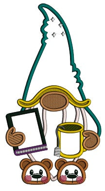 Gnome Holding a Book And a Cup Of Tea Applique Machine Embroidery Design Digitized Pattern