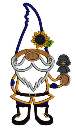 Gnome Holding a Little Crow Thanksgiving Applique Machine Embroidery Design Digitized Pattern