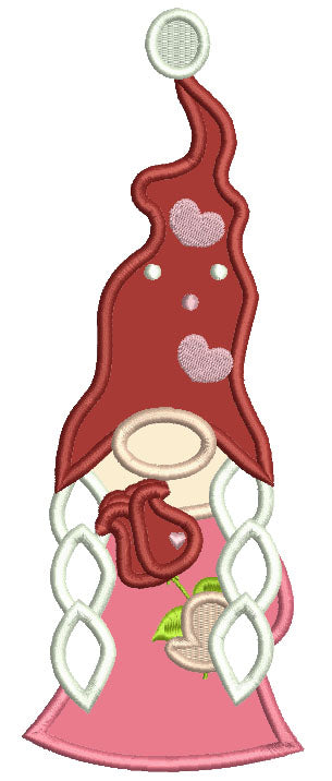 Gnome Holding a Rose Applique Valentine's Day Machine Embroidery Design Digitized Pattern