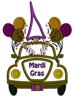 Gnome In The Car With Balloons Mardi Gras Applique Machine Embroidery Design Digitized Pattern