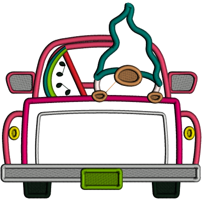 Gnome In The Car With a Watermelon Applique Machine Embroidery Design Digitized Pattern