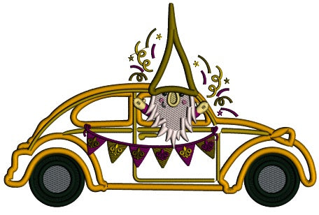 Gnome Riding In The Car Mardi Gras Applique Machine Embroidery Design Digitized Pattern