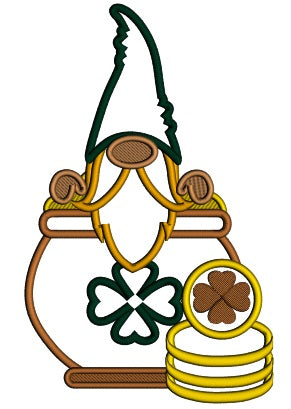 Gnome Sitting In a Pot Of Gold Applique St. Patrick's Day Machine Embroidery Design Digitized Pattern