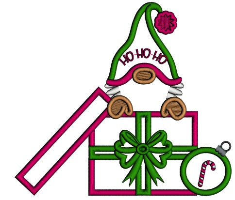 Gnome Sitting Inside a Box With Presents Wearing Santa Hat Christmas Applique Machine Embroidery Design Digitized Pattern