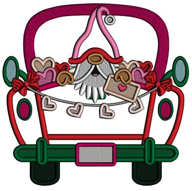 Gnome Sitting Inside a Pickup Truck With Hearts Valentines Day Applique Machine Embroidery Design Digitized Pattern