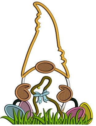 Gnome Sitting Next To Chocolate Bunny Applique Easter Machine Embroidery Design Digitized Pattern