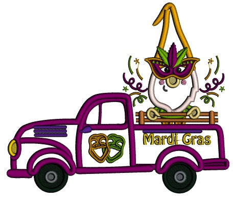 Gnome Sitting On The Mardi Gras Truck Applique Machine Embroidery Design Digitized Pattern