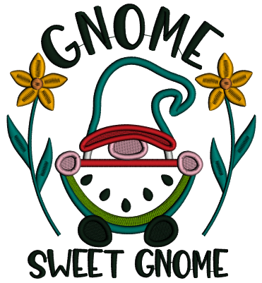 Gnome Sweet Gnome Eating Watermelon Applique Machine Embroidery Design Digitized Pattern