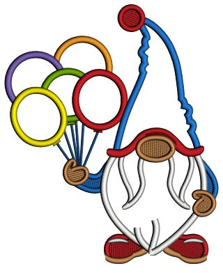 Gnome WIth Five Balloons Birthday Applique Machine Embroidery Design Digitized Pattern