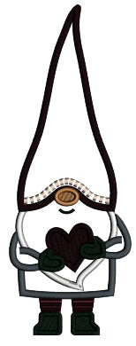 Gnome WIth a Tall Hat Holding a Heart Valentine's Day Applique Machine Embroidery Design Digitized Pattern