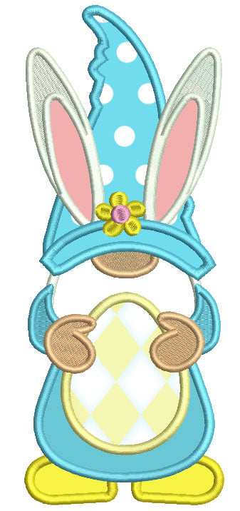 Gnome Wearing Bunny Ears And Holding Easter Egg With Flowers Applique Machine Embroidery Design Digitized Pattern